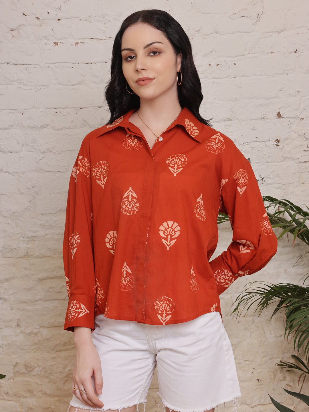 Rust Blossom Printed Cotton Shirt