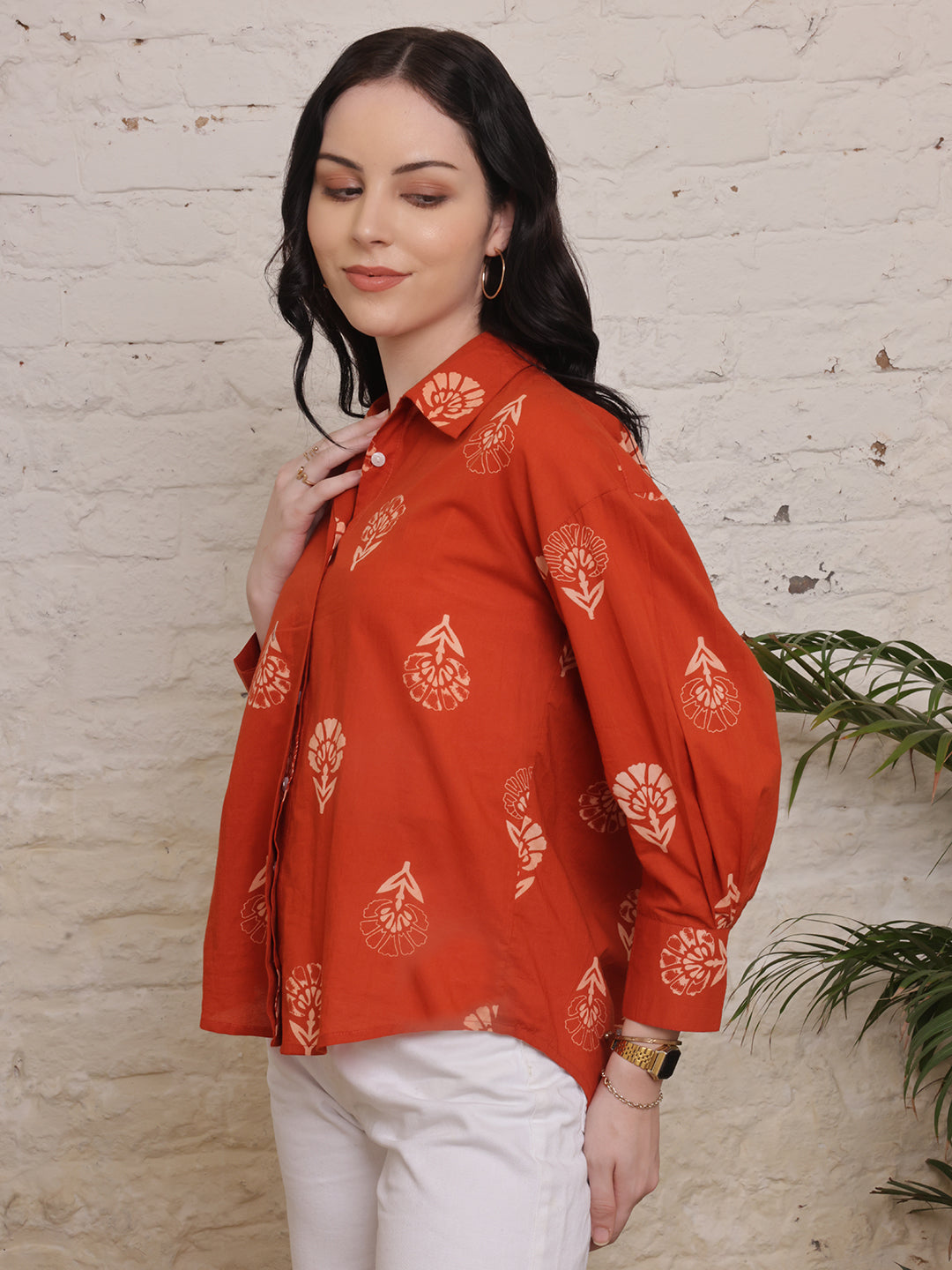 Rust Blossom Printed Cotton Shirt
