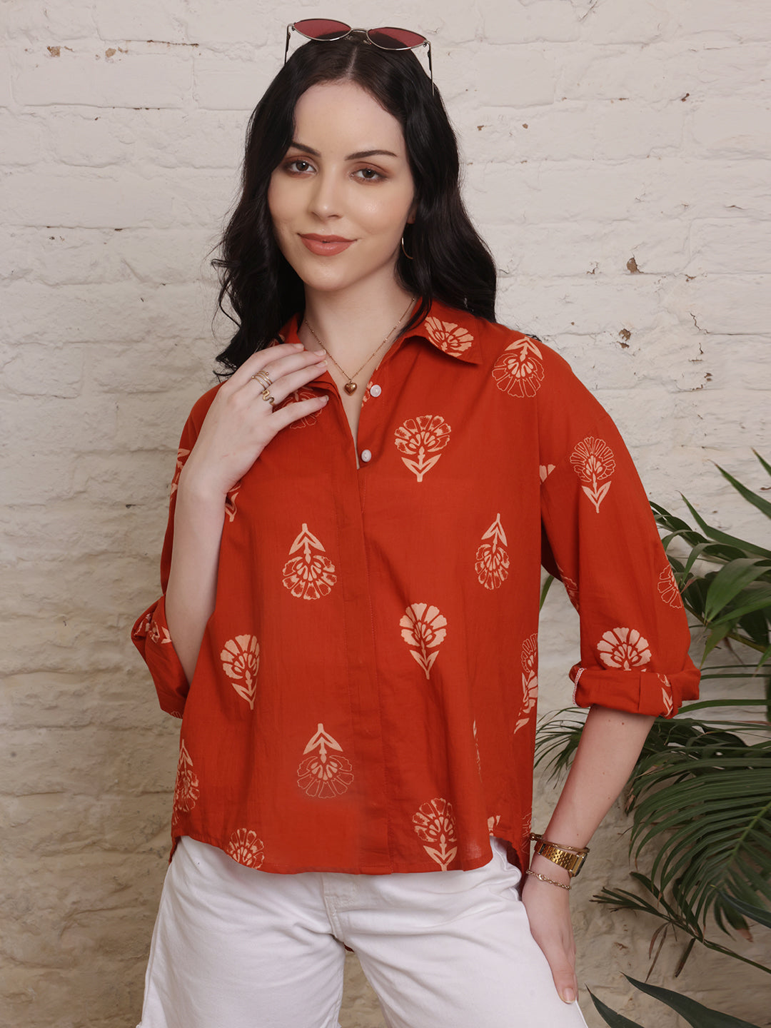 Rust Blossom Printed Cotton Shirt