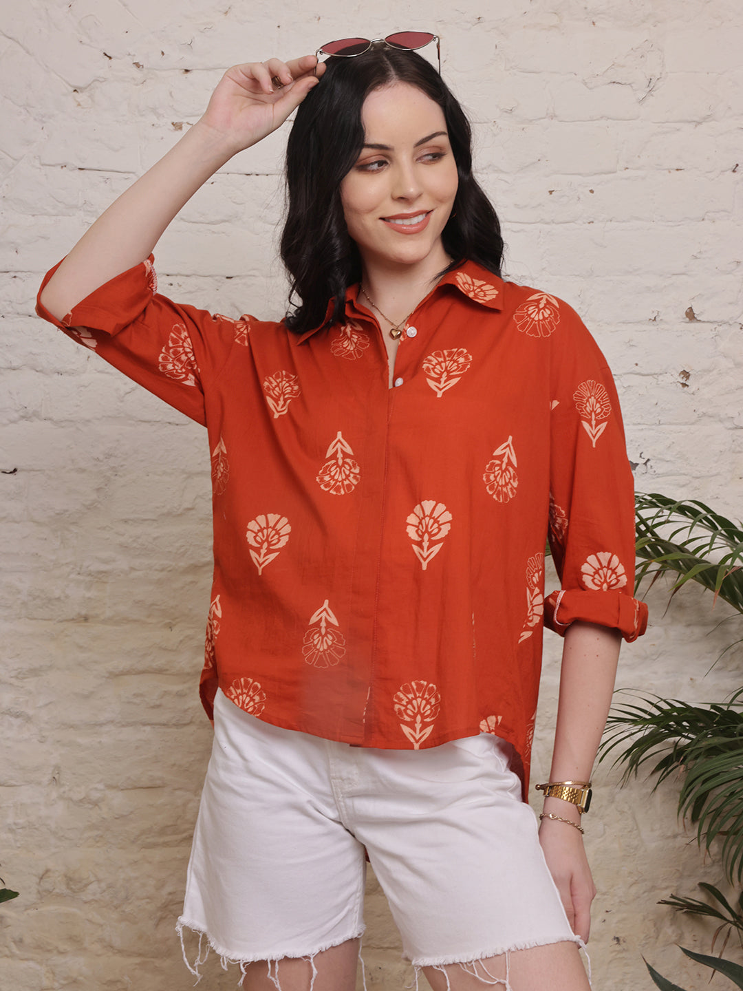 Rust Blossom Printed Cotton Shirt