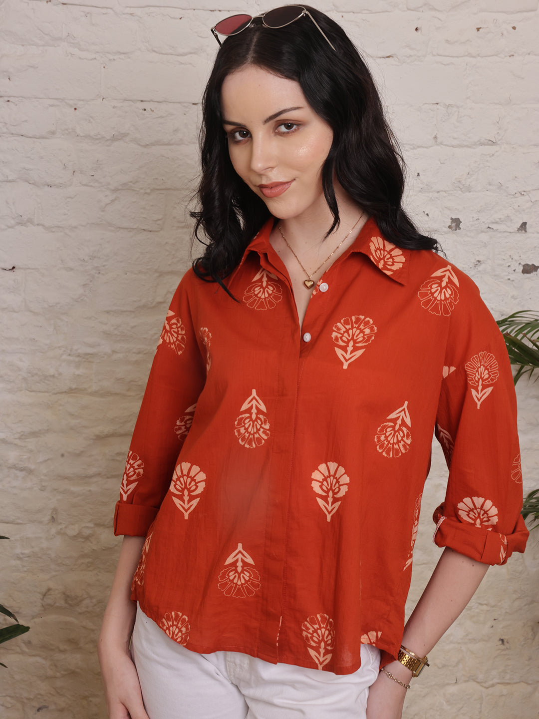 Rust Blossom Printed Cotton Shirt