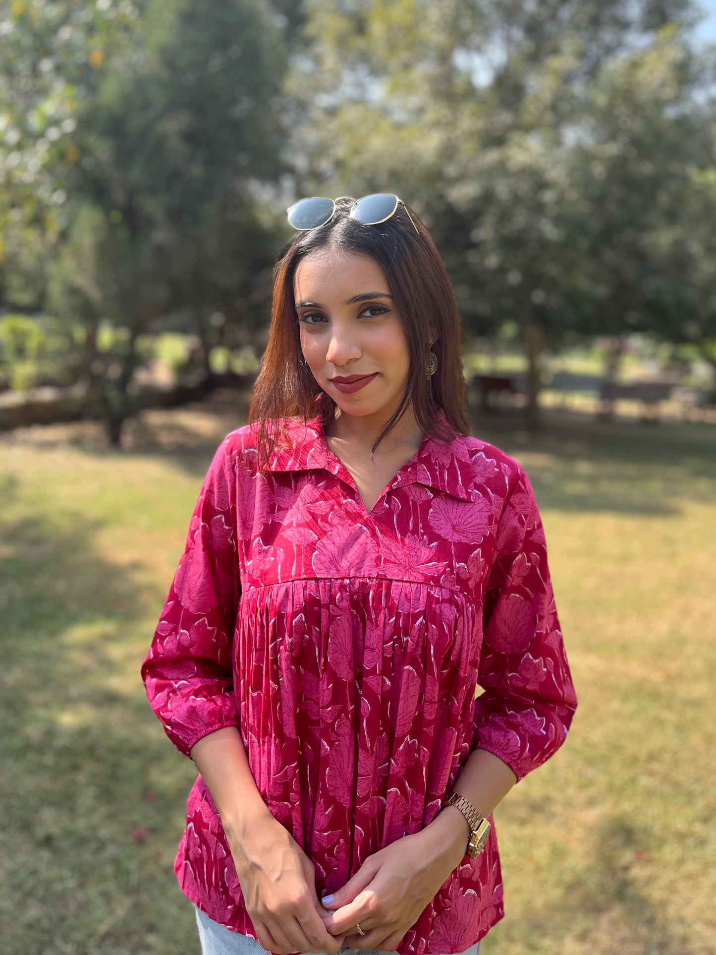Pink Shirt Collar Peplum Top