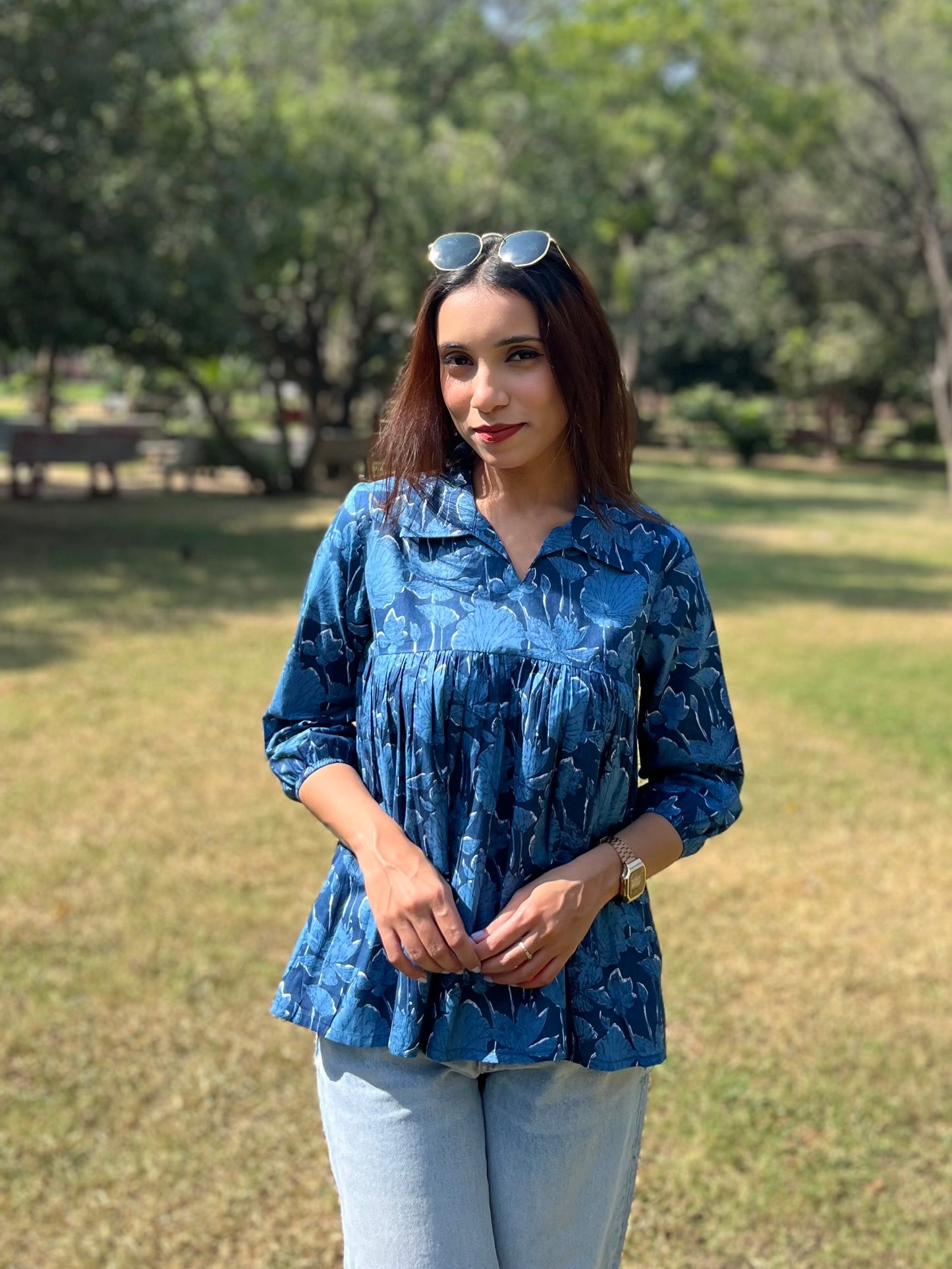 Blue Shirt Collar Peplum Top