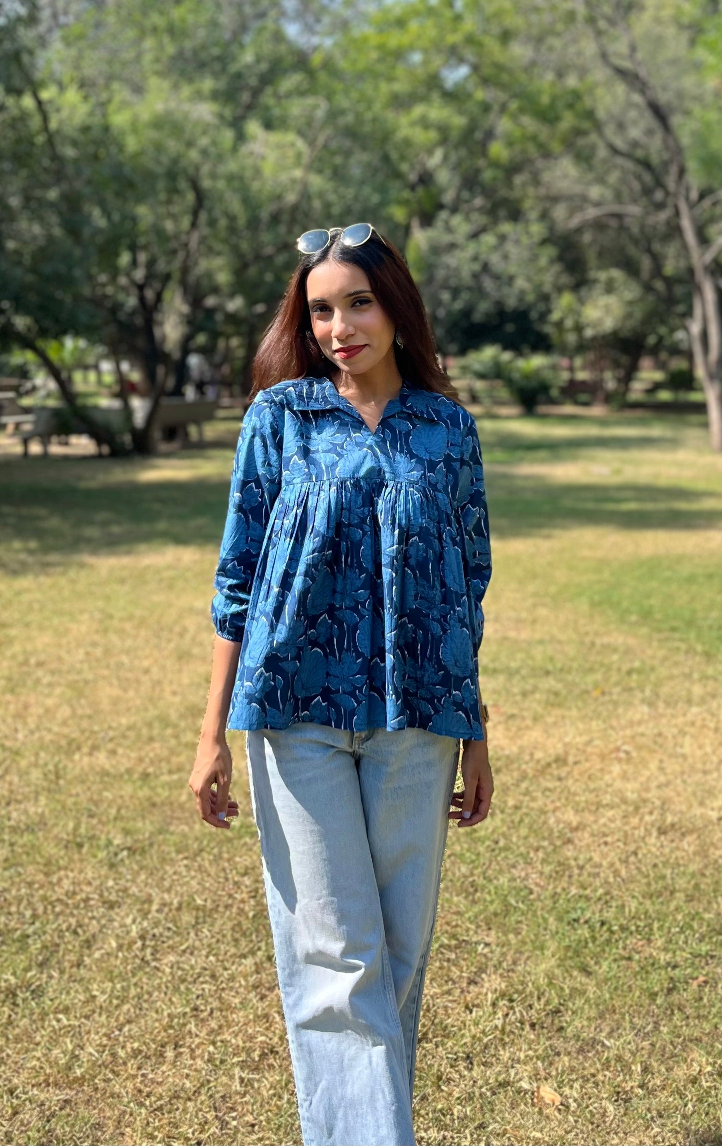 Blue Shirt Collar Peplum Top