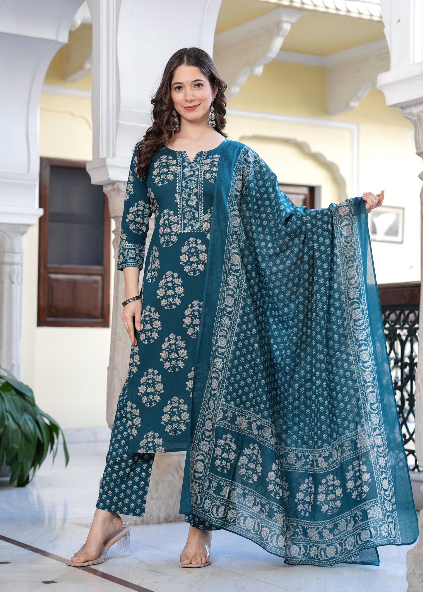 Teal Elegance Floral Suit Set