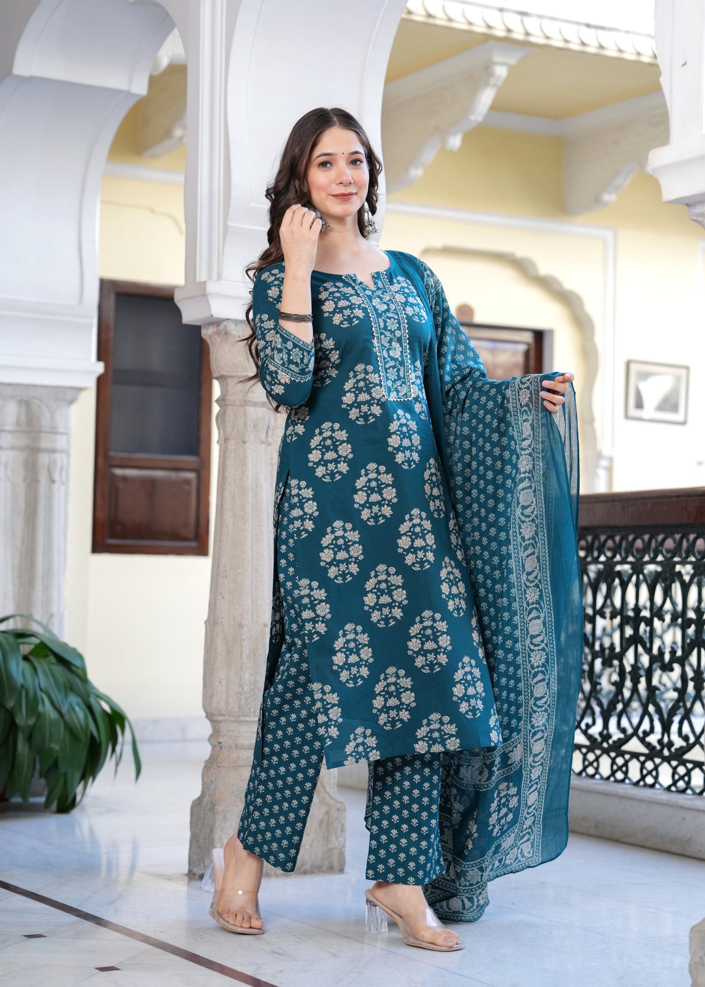 Teal Elegance Floral Suit Set