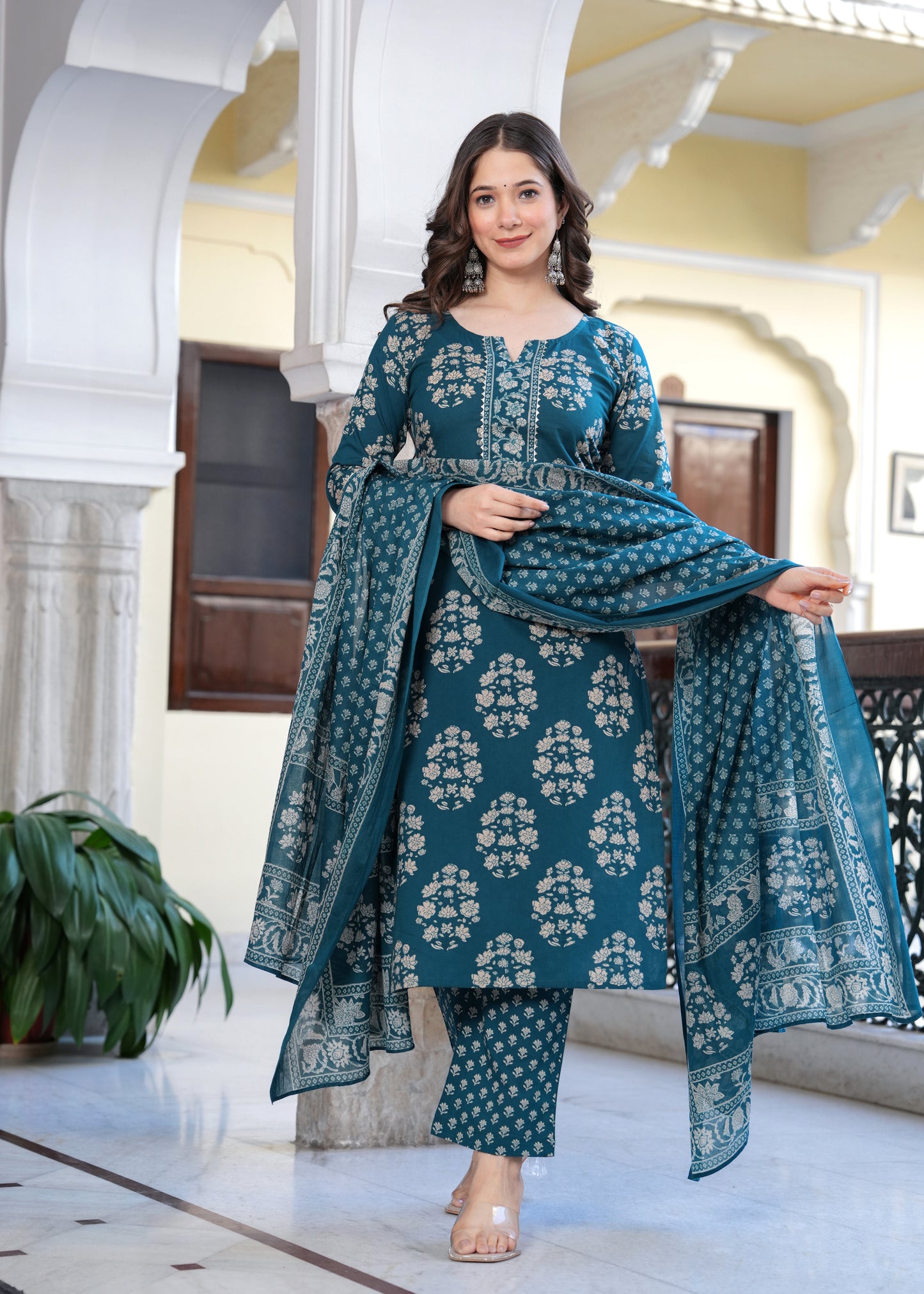 Teal Elegance Floral Suit Set