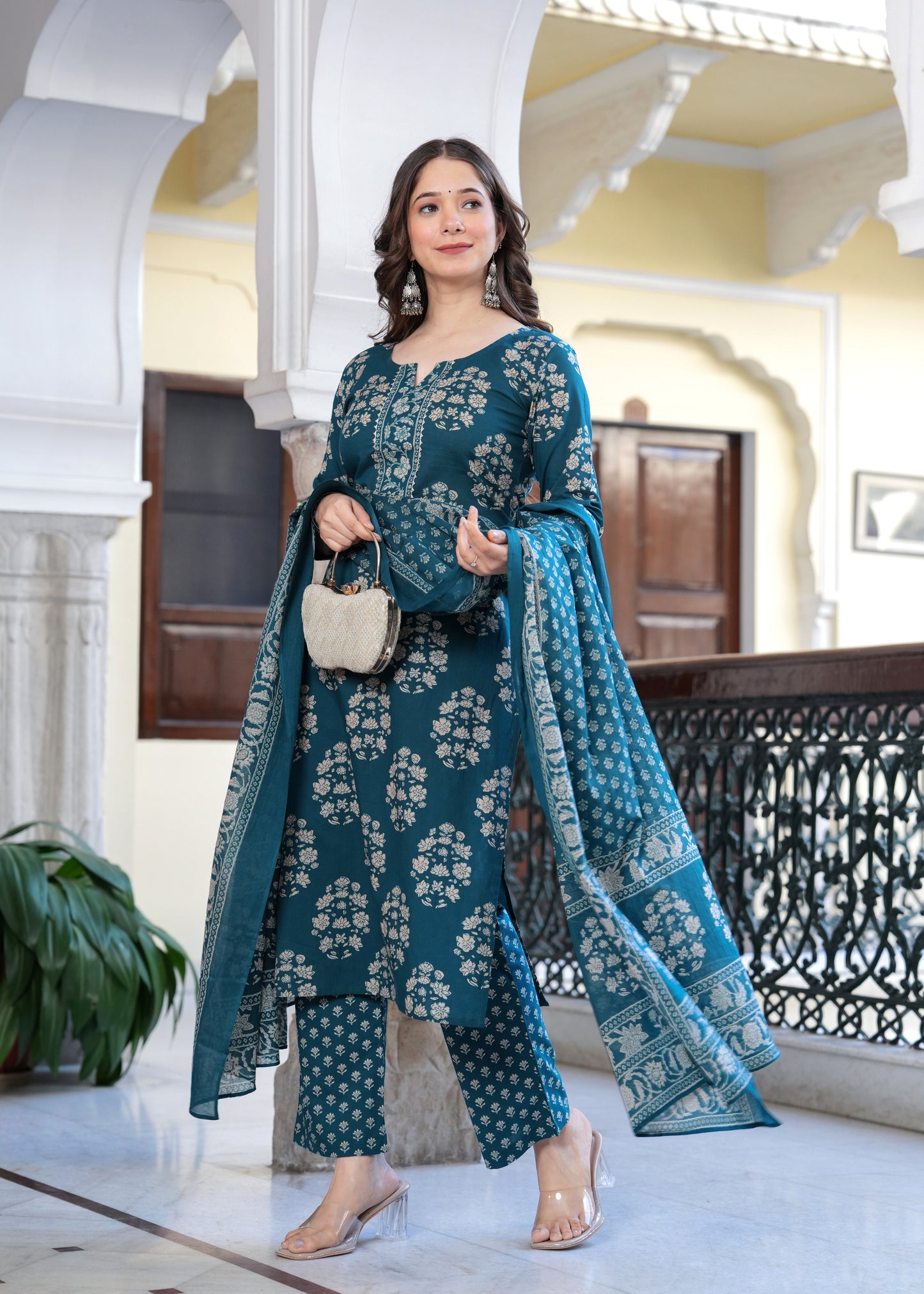 Teal Elegance Floral Suit Set