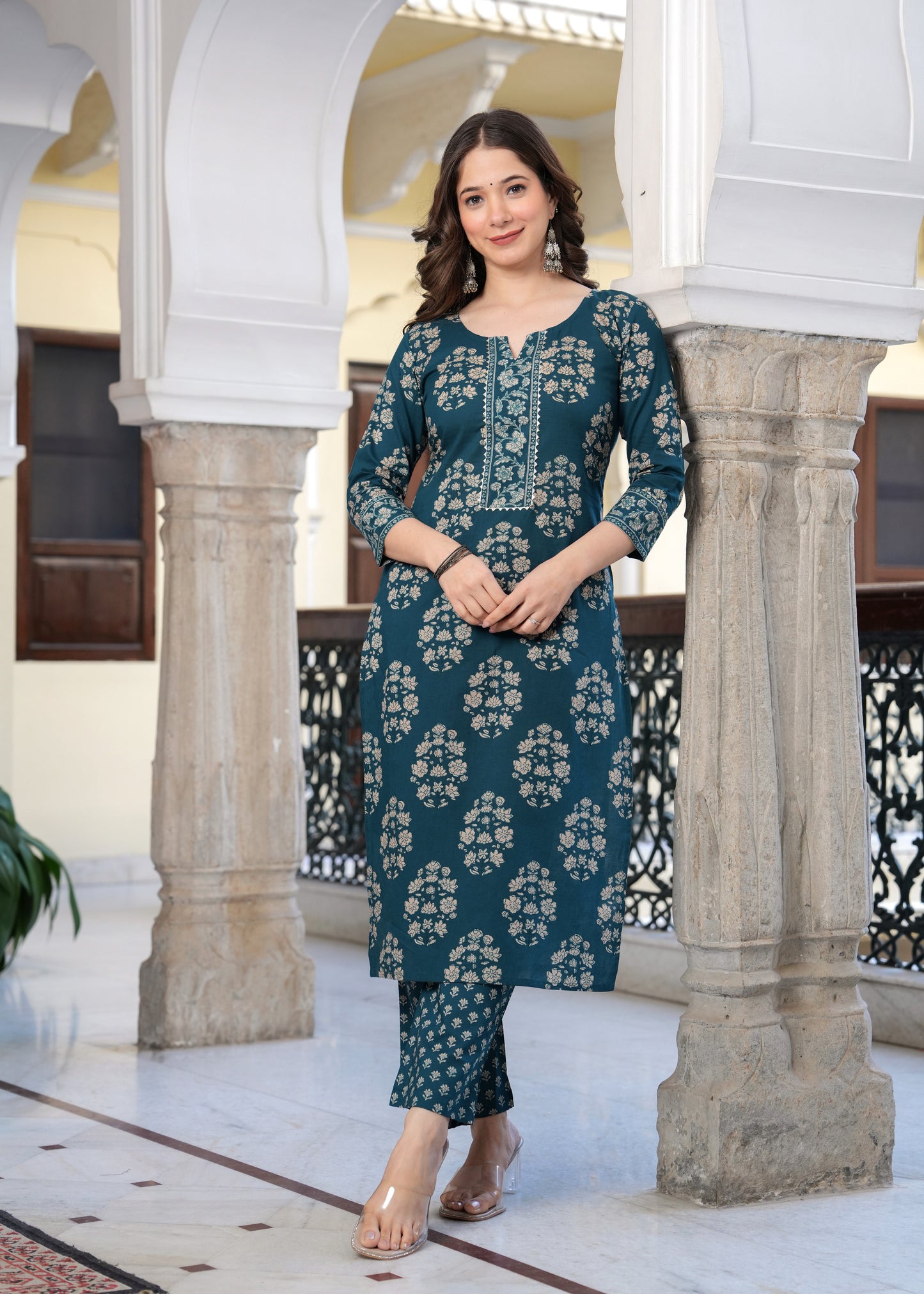 Teal Elegance Floral Suit Set