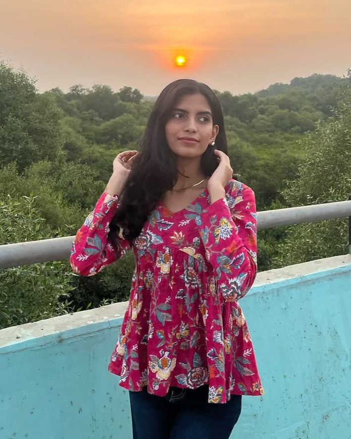 Pink Handblock Peplum Top