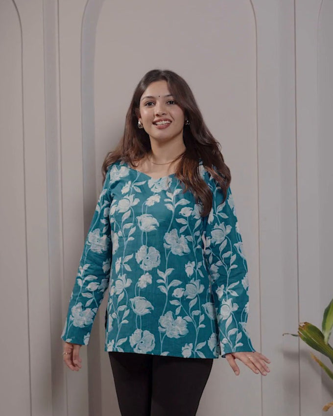 Ocean Bloom Diamond Tie-Back Kurti