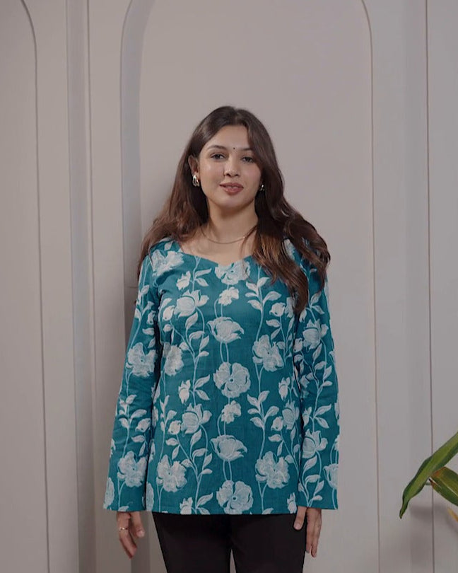 Ocean Bloom Diamond Tie-Back Kurti