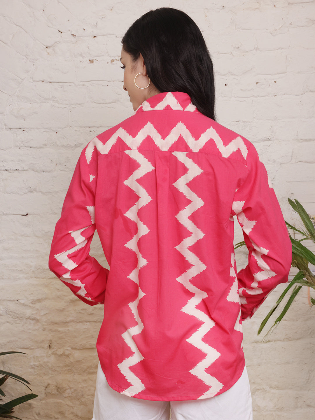 Coral Zigzag Print Cotton Shirt