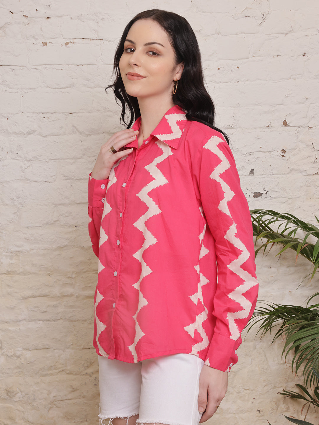 Coral Zigzag Print Cotton Shirt
