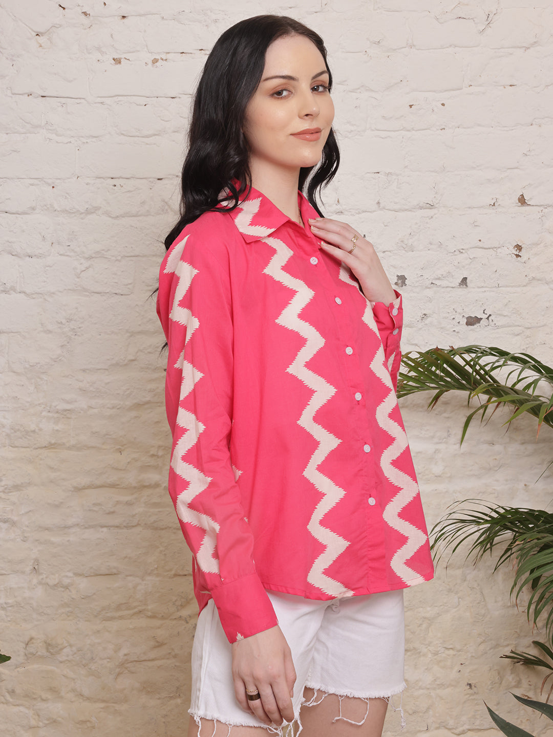 Coral Zigzag Print Cotton Shirt