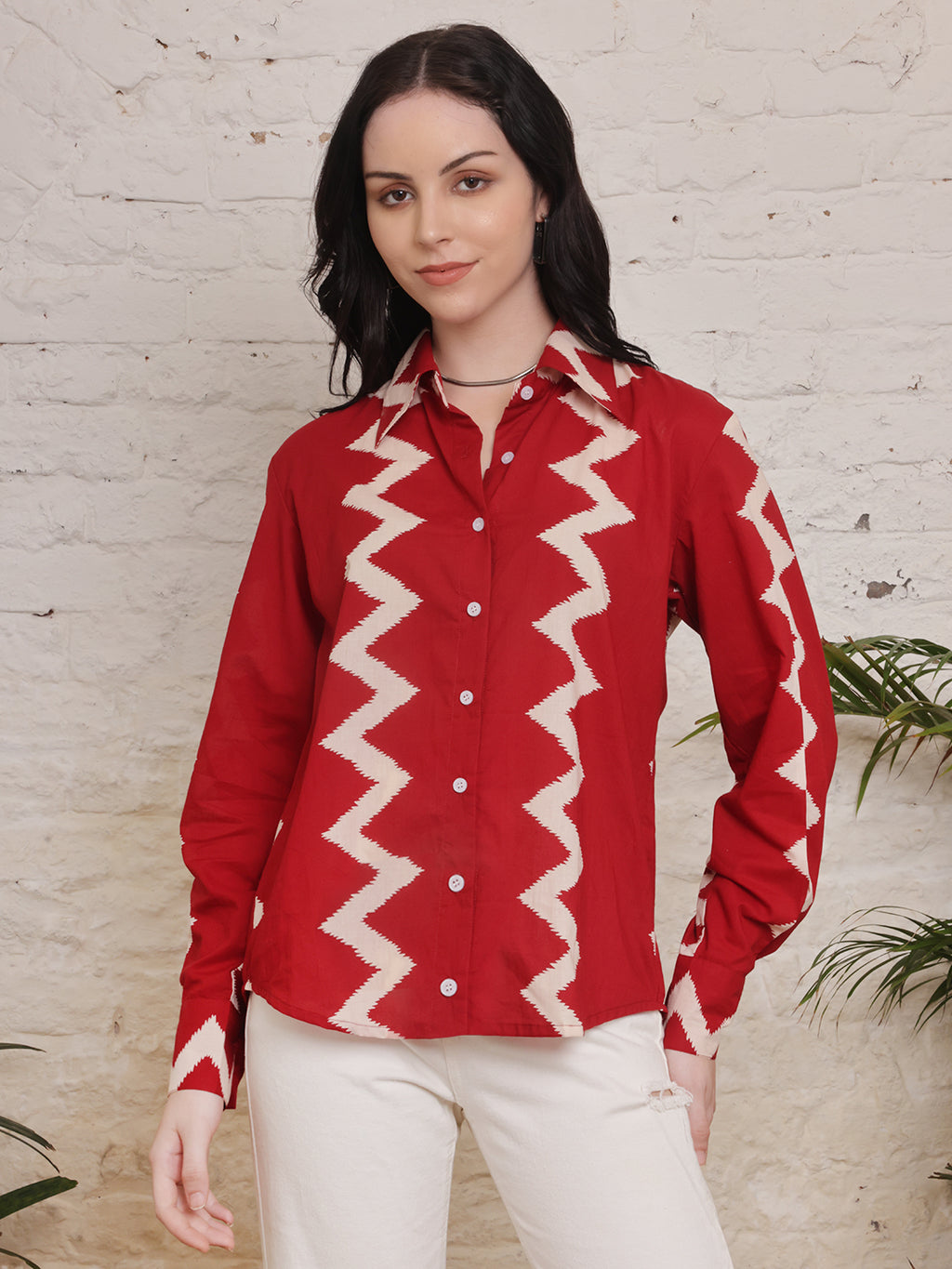 Crimson Zigzag Cotton Shirt