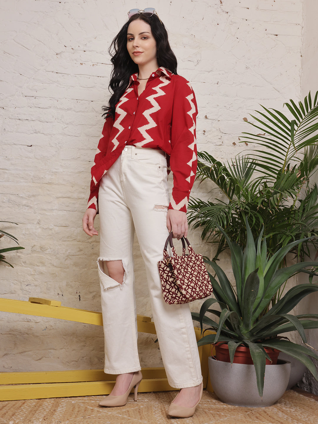 Crimson Zigzag Cotton Shirt