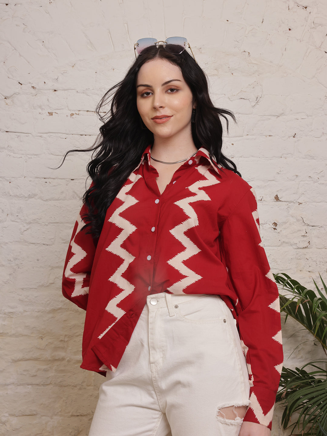 Crimson Zigzag Cotton Shirt