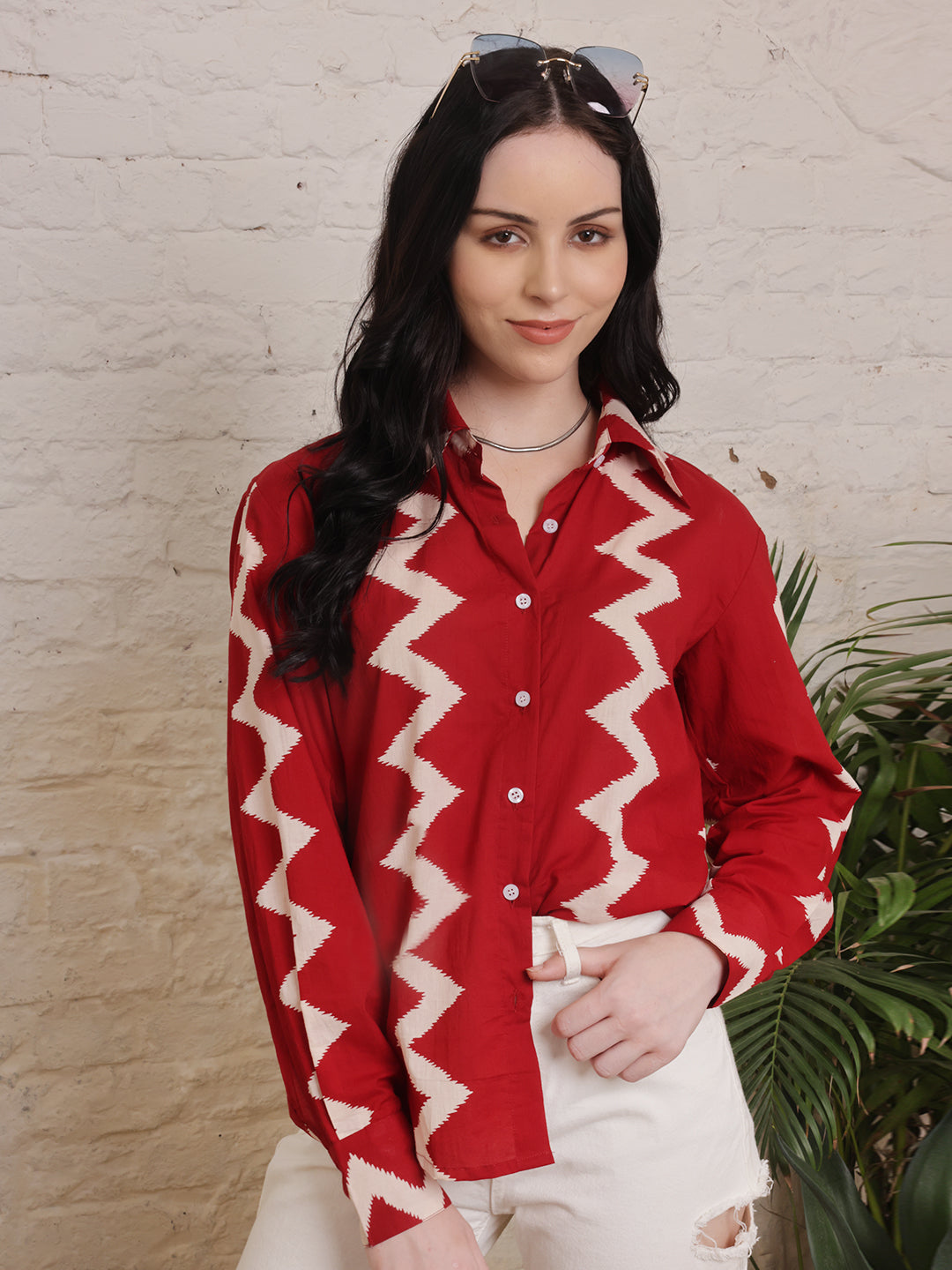 Crimson Zigzag Cotton Shirt