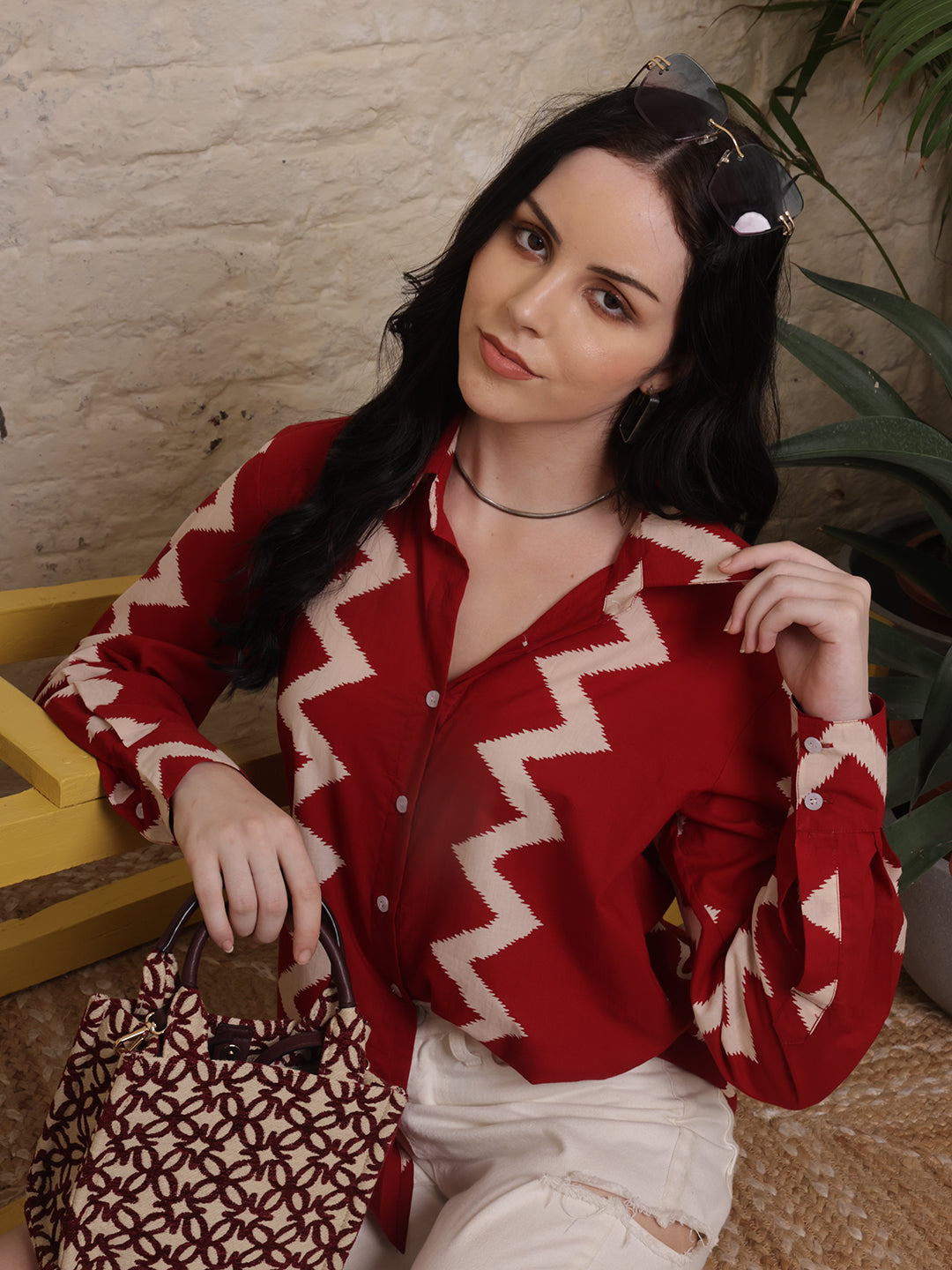 Crimson Zigzag Cotton Shirt