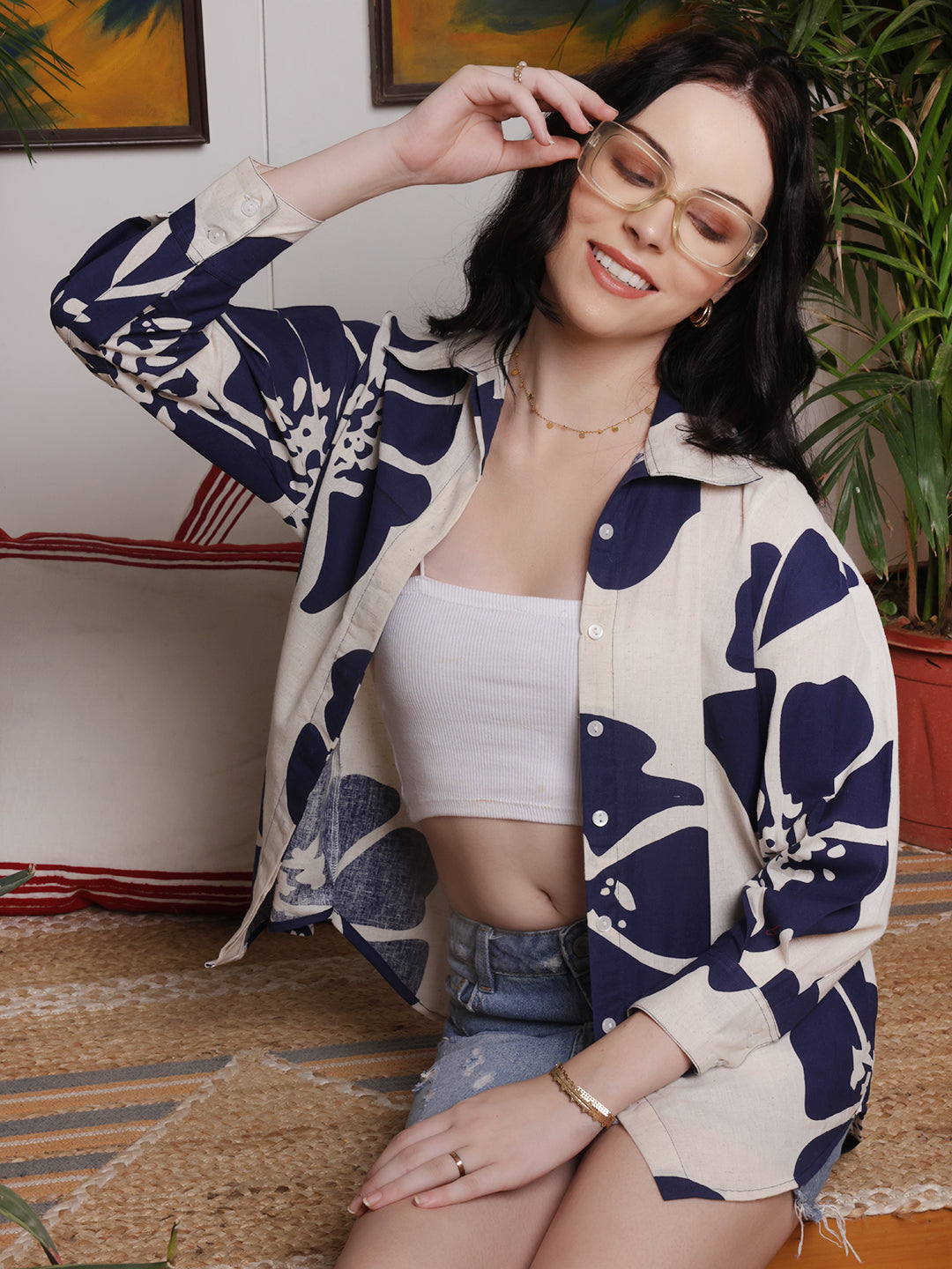 Navy Bloom Printed Cotton Shirt