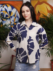 Navy Bloom Printed Cotton Shirt