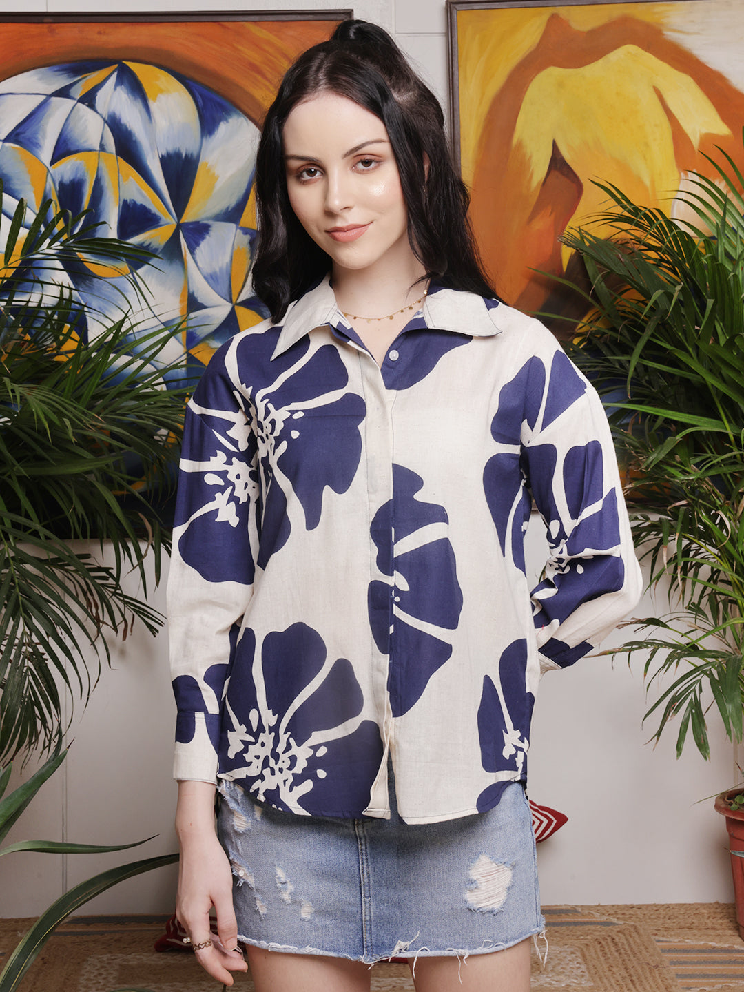 Navy Bloom Printed Cotton Shirt