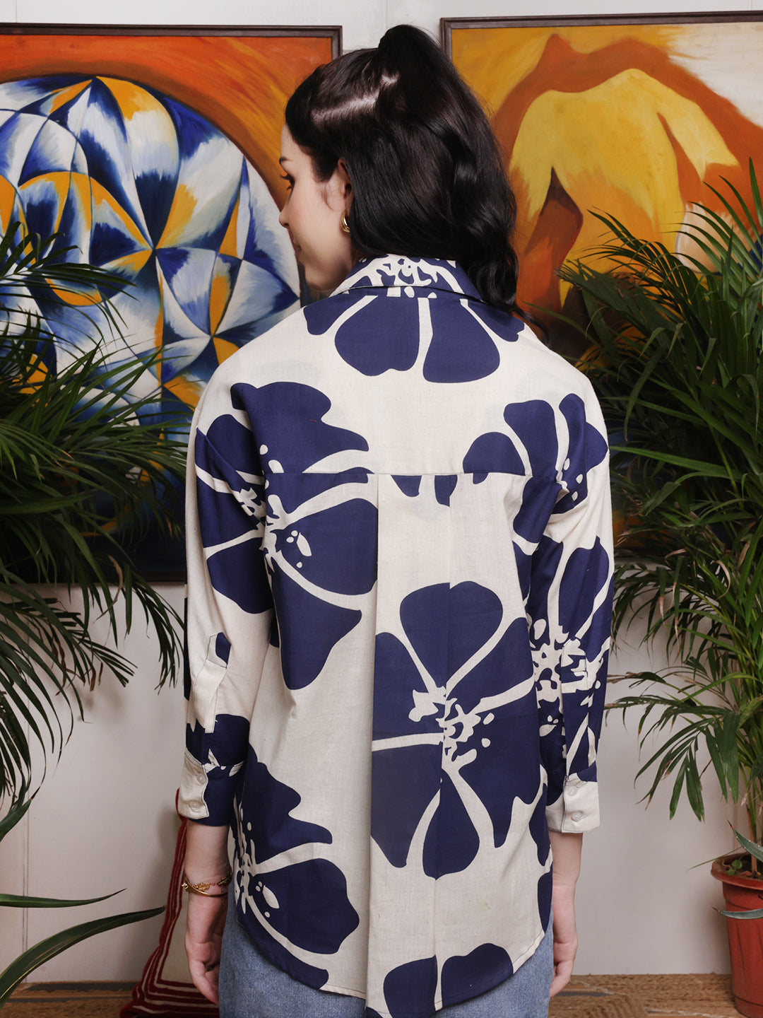 Navy Bloom Printed Cotton Shirt