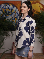 Navy Bloom Printed Cotton Shirt