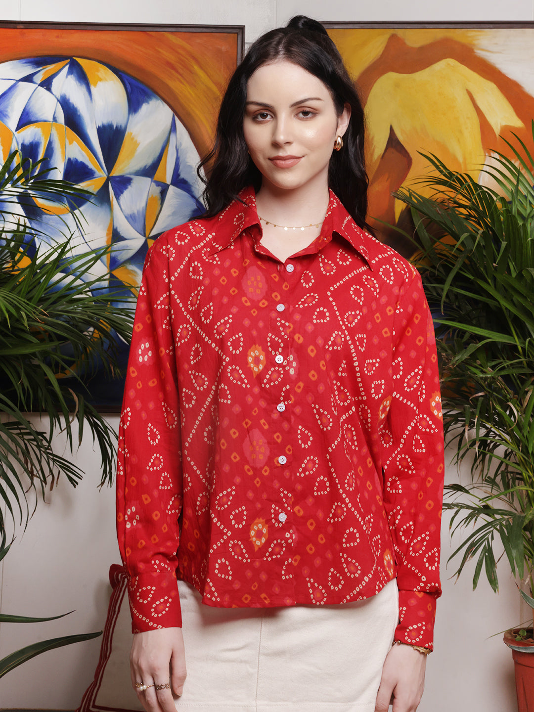 Crimson Mosaic Print Cotton Shirt