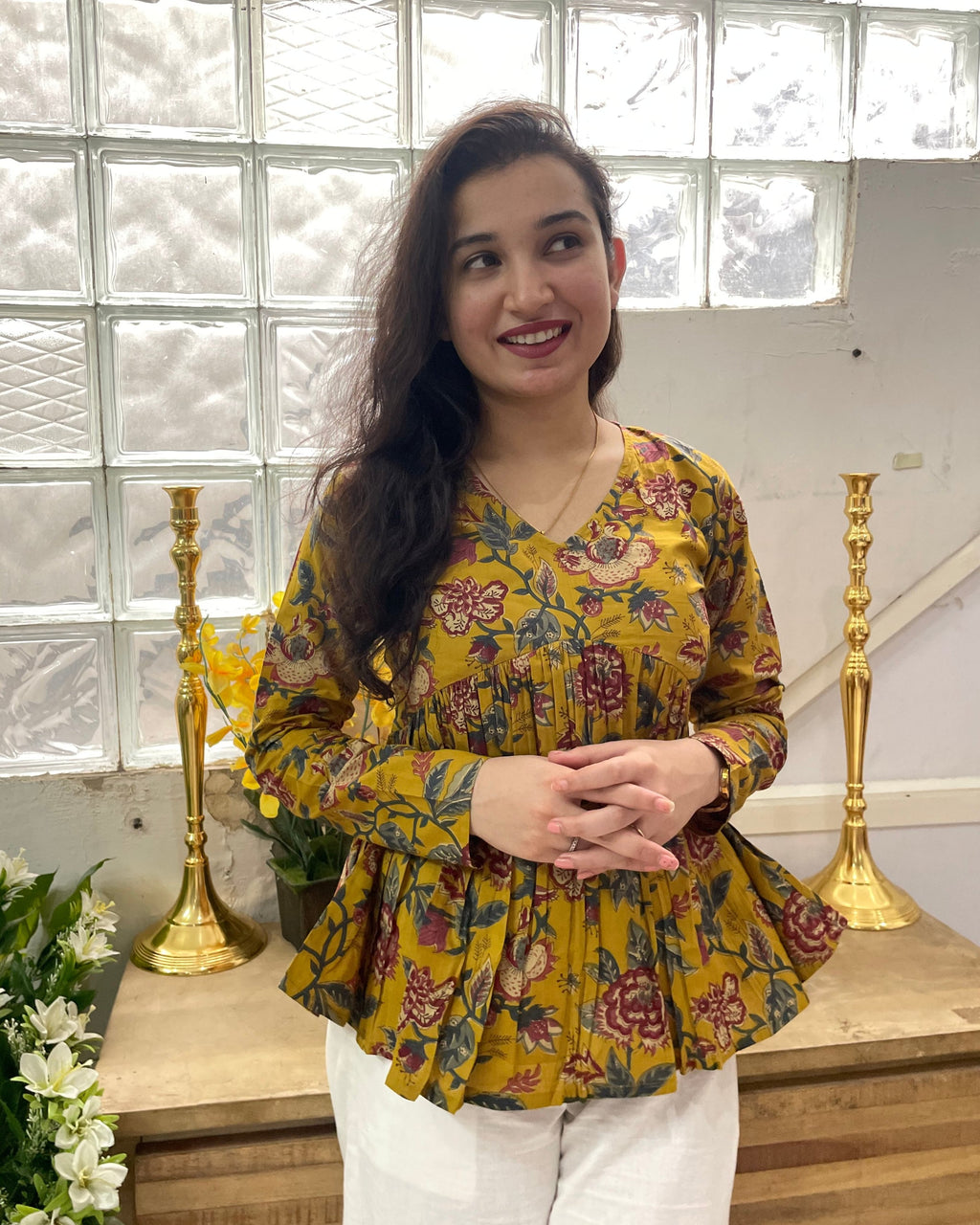 Yellow Handblock Printed Peplum Top
