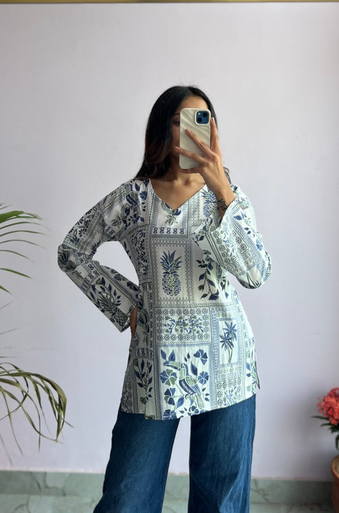 Pineapple Bell Plus Size Kurti(Blue)