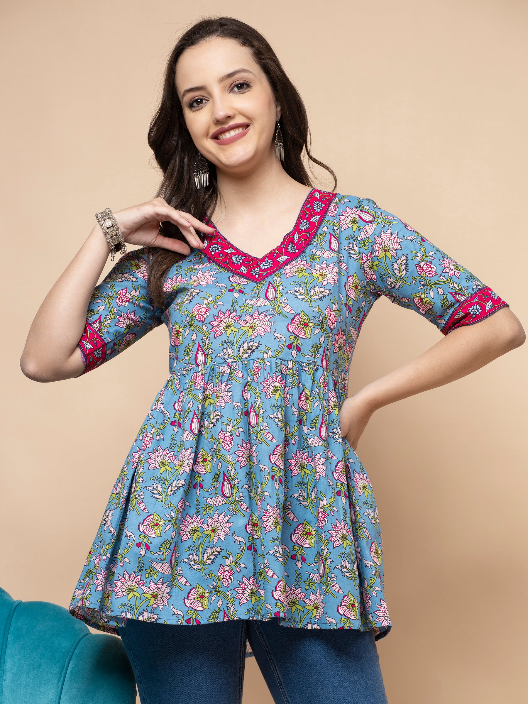 Shions Blue Women Printed Straight Kurta