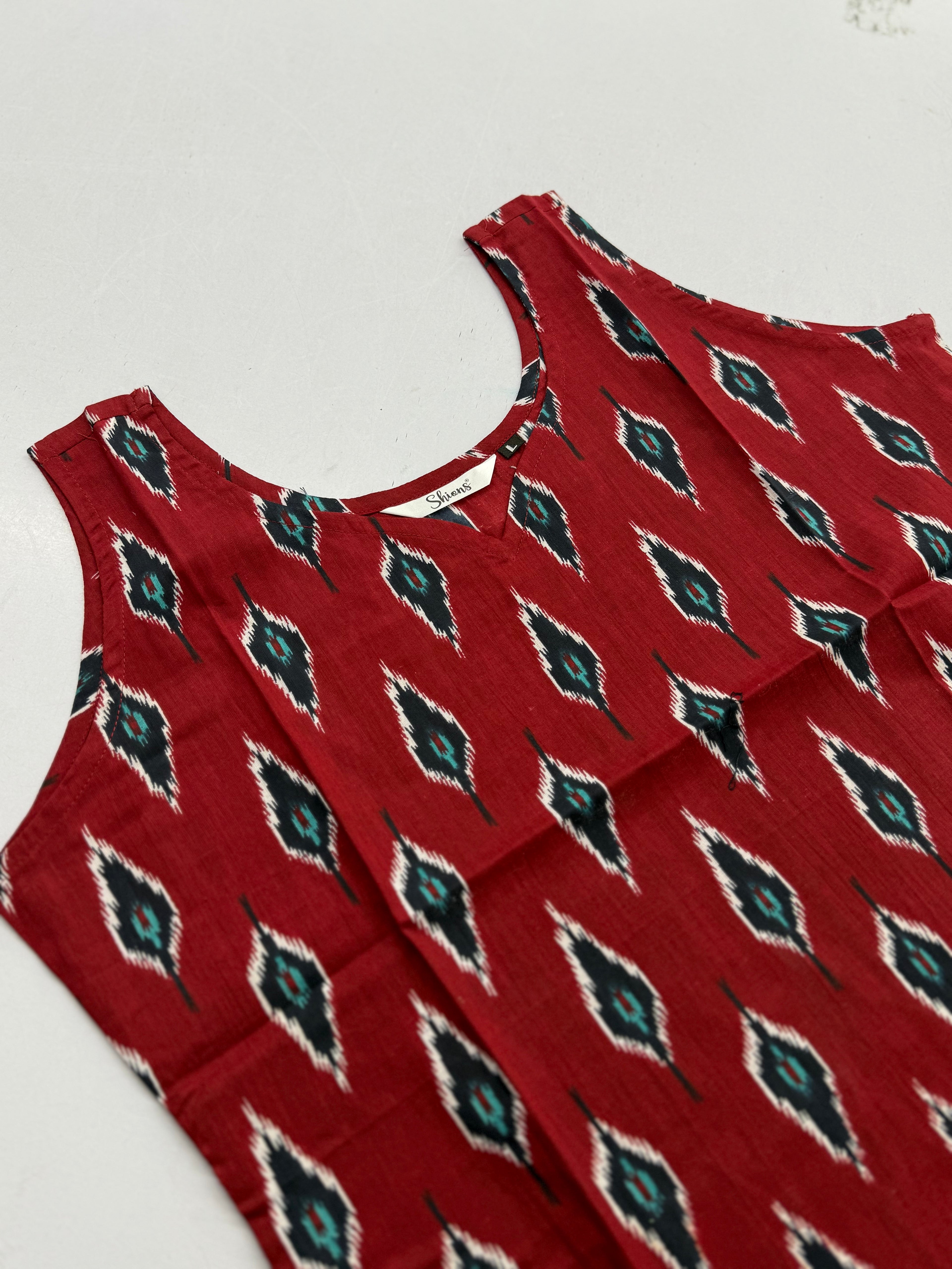 Red Ikkat sleeveless short kurti