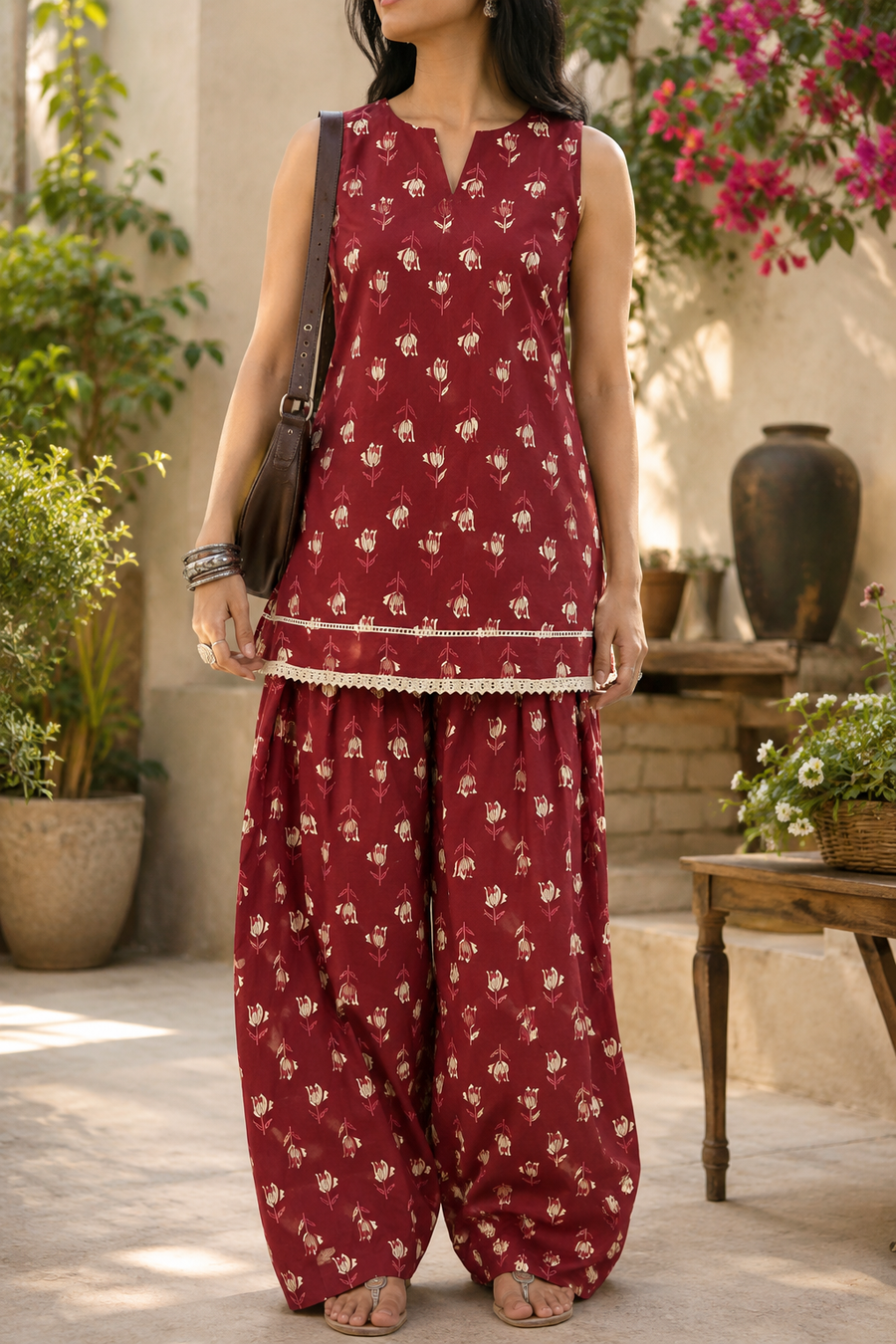 Maroon Sleeveless Farshi Salwar Set