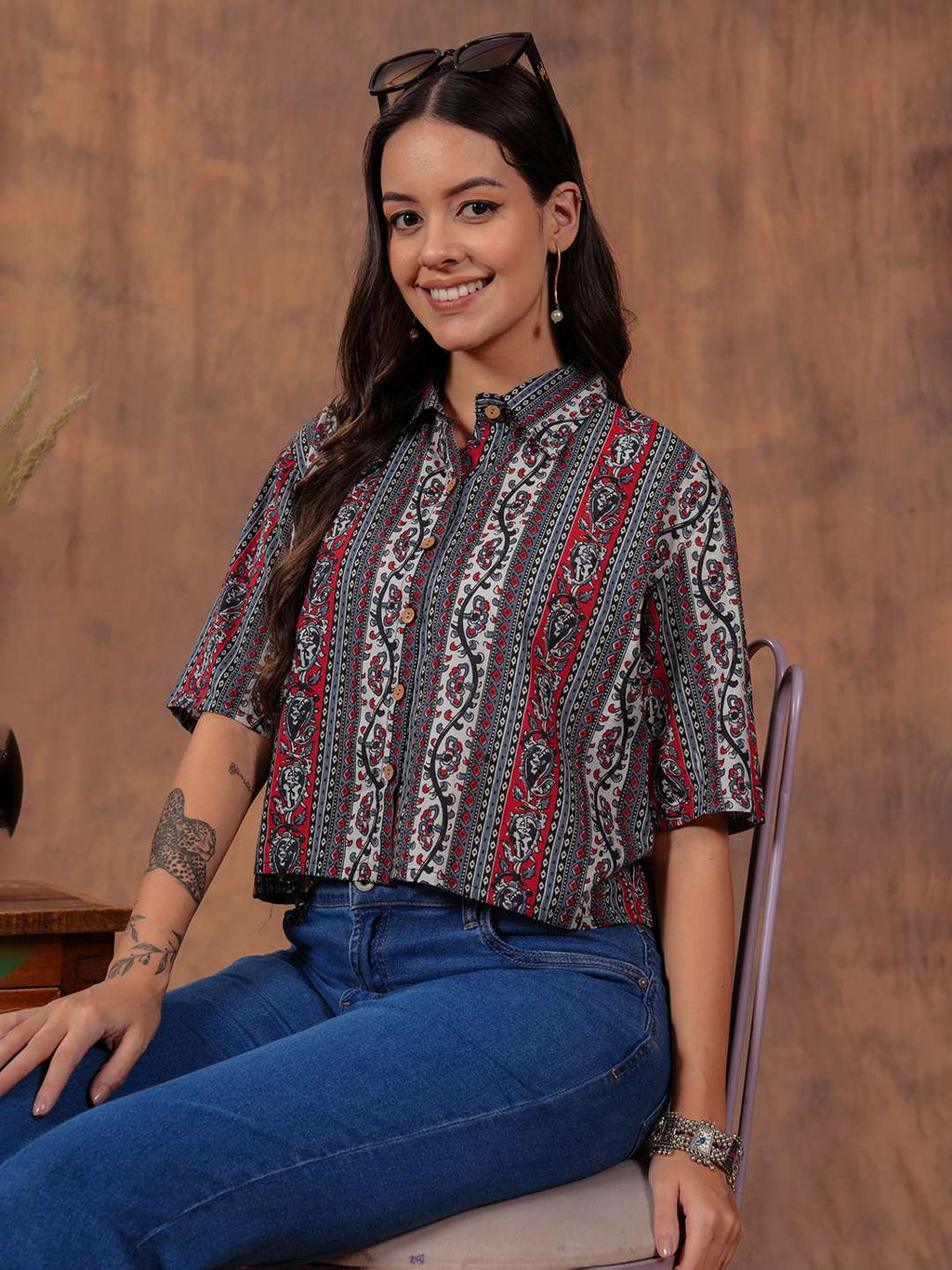 Crimson Stripe Crop Shirt