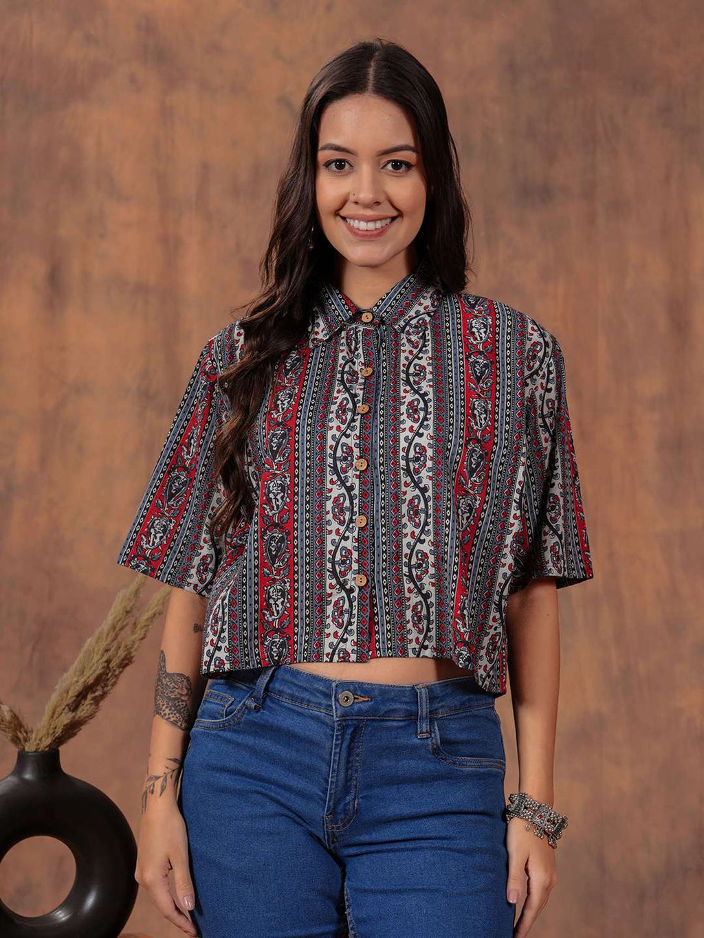 Crimson Stripe Crop Shirt