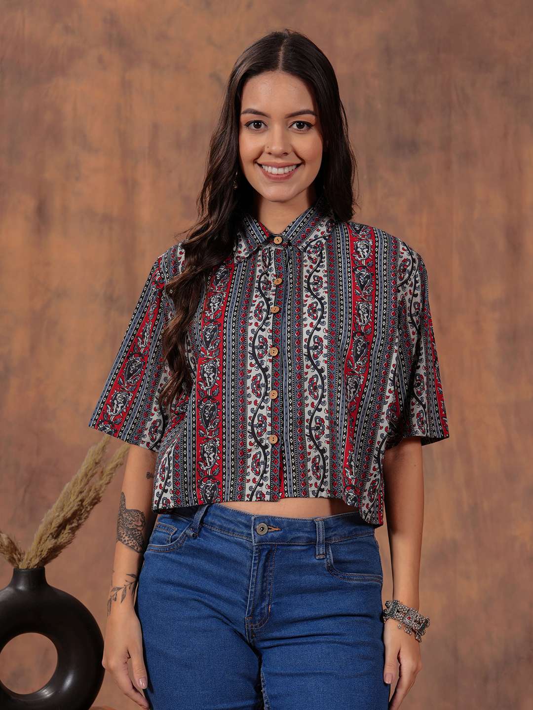 Crimson Stripe Crop Shirt