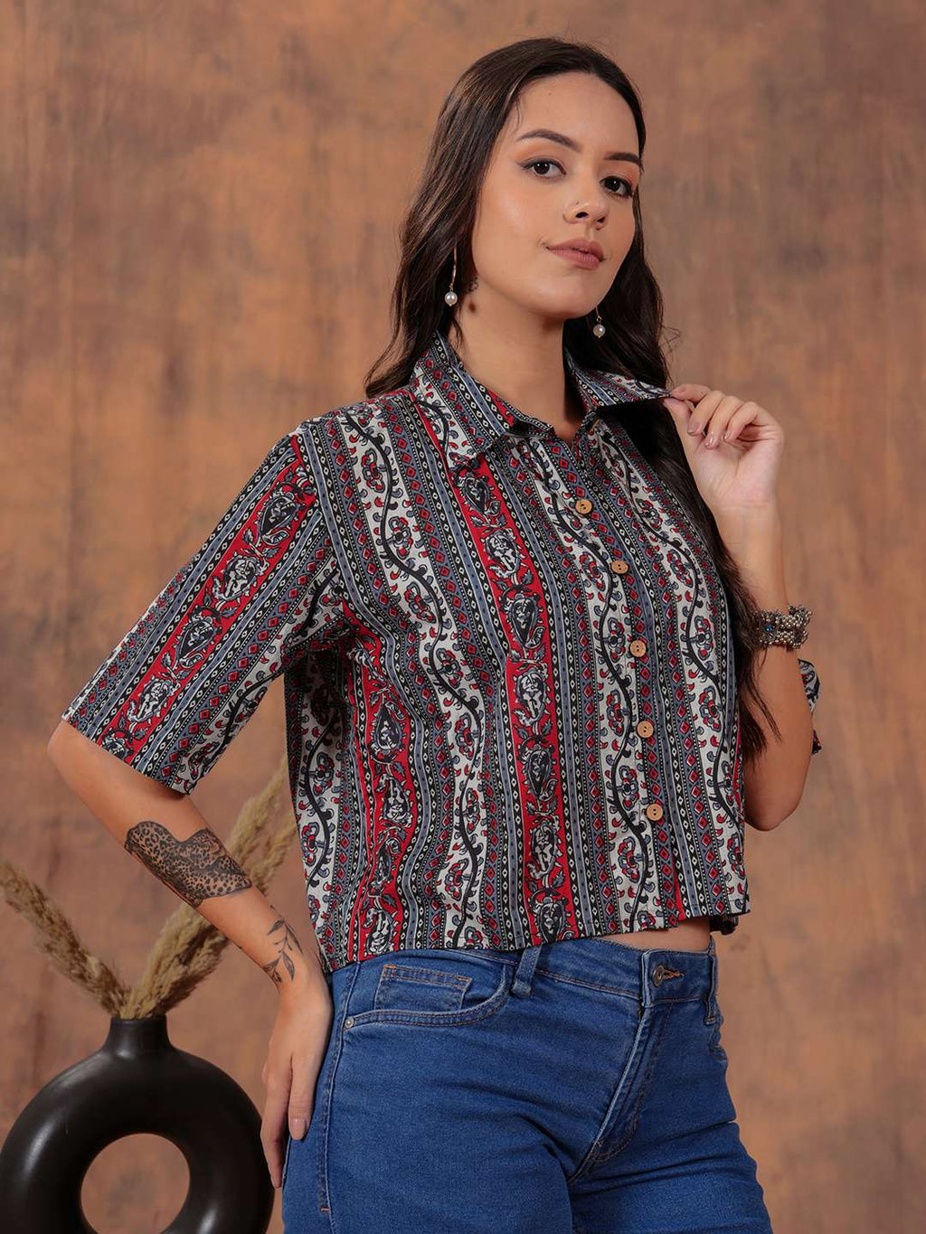 Crimson Stripe Crop Shirt