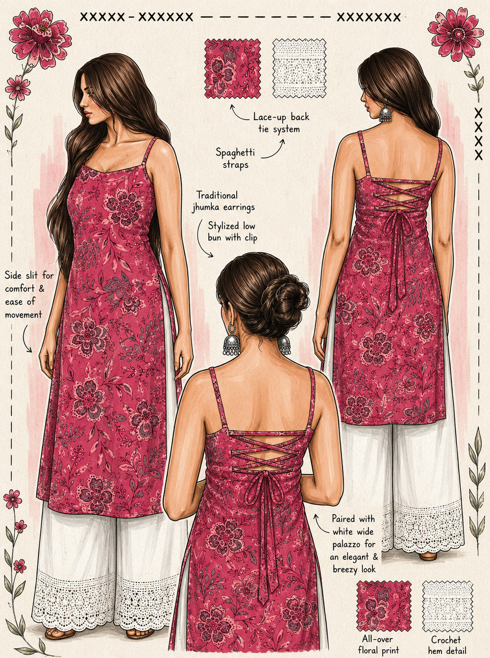 Floral pink Tie back kurti