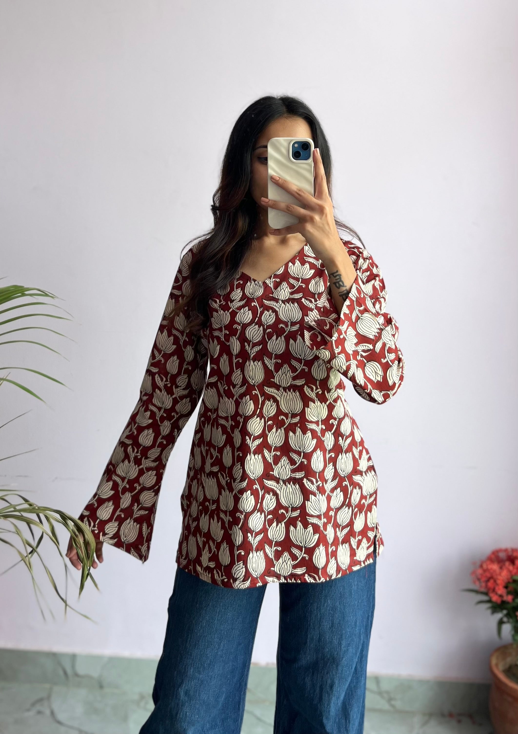 Laal Kamal Bell Sleeves kurti