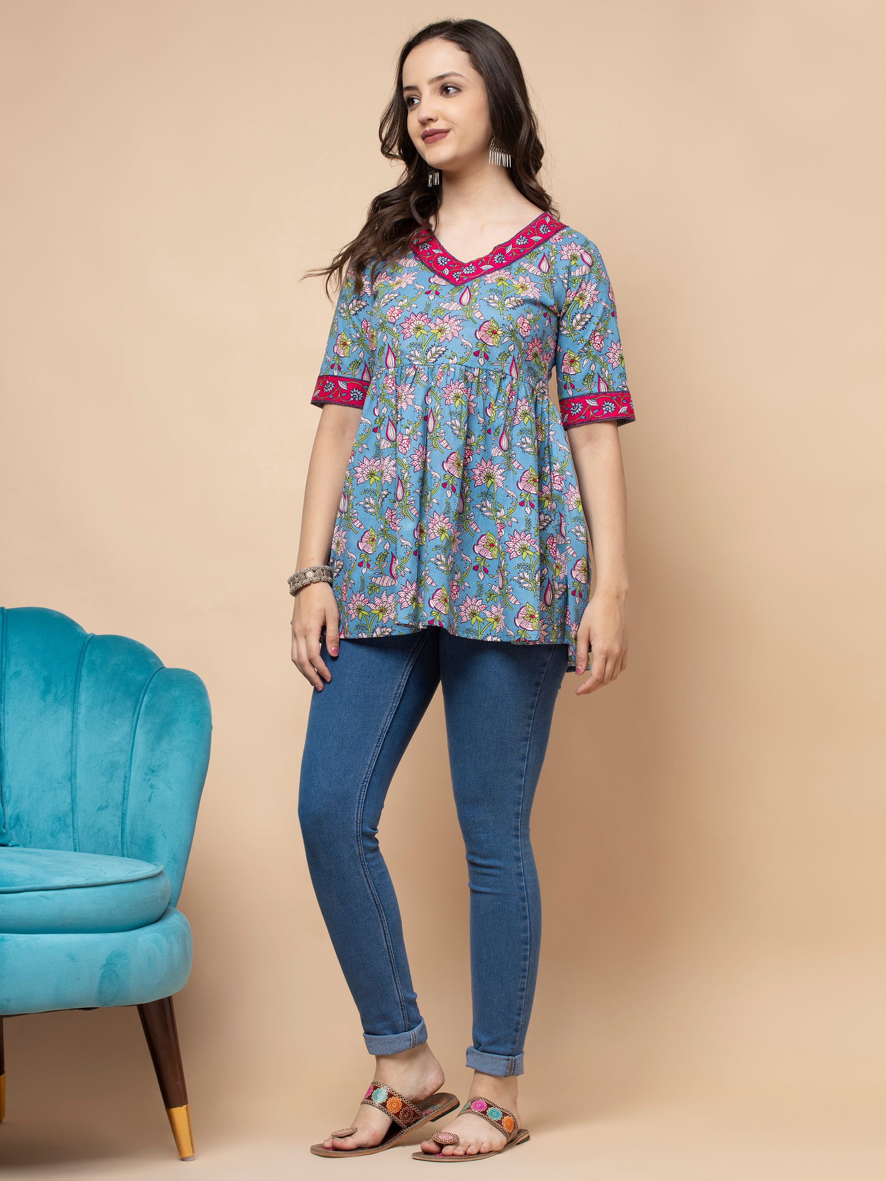 Shions Blue Women Printed Straight Kurta