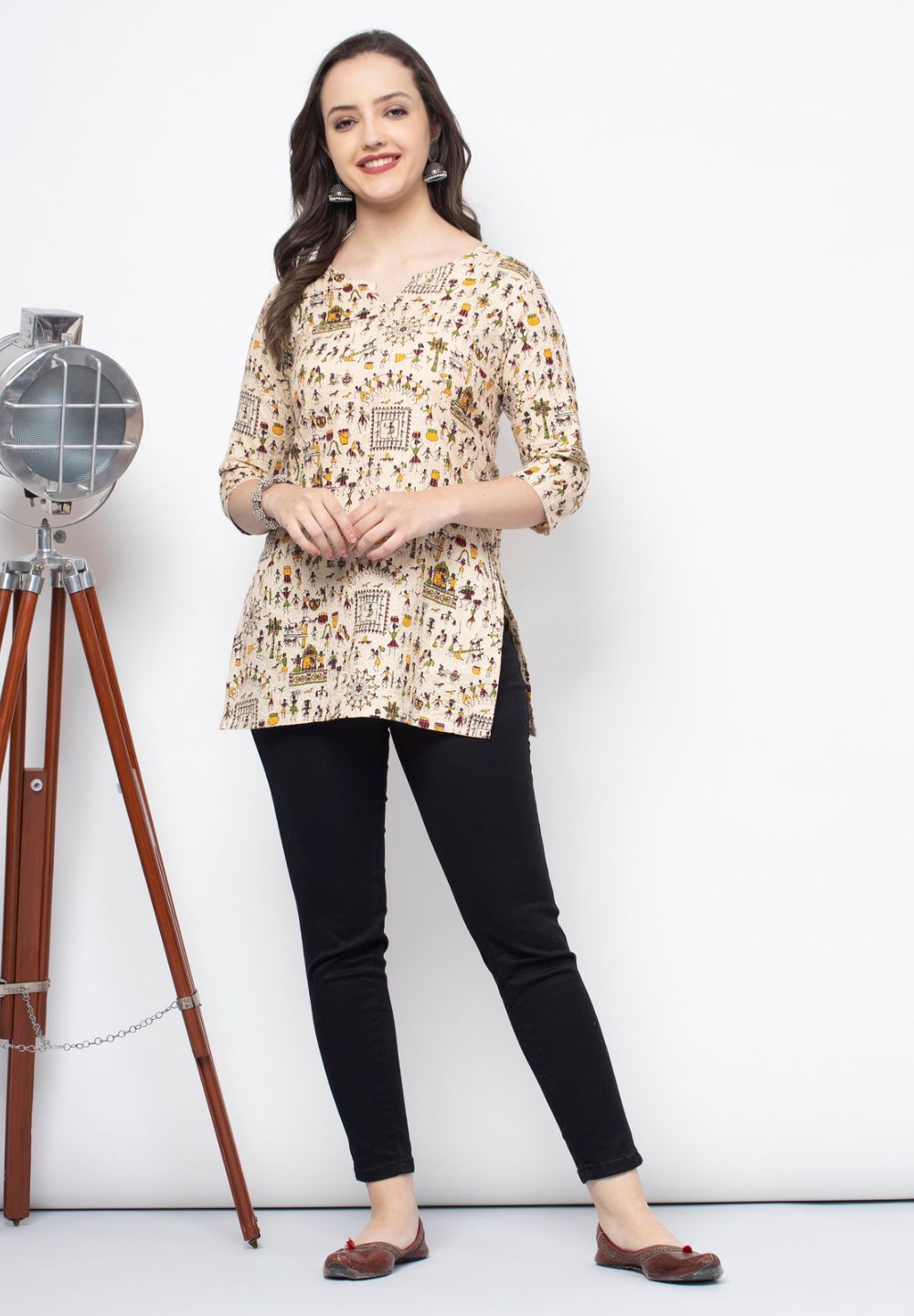 Shions Beige Women Printed Short kurti