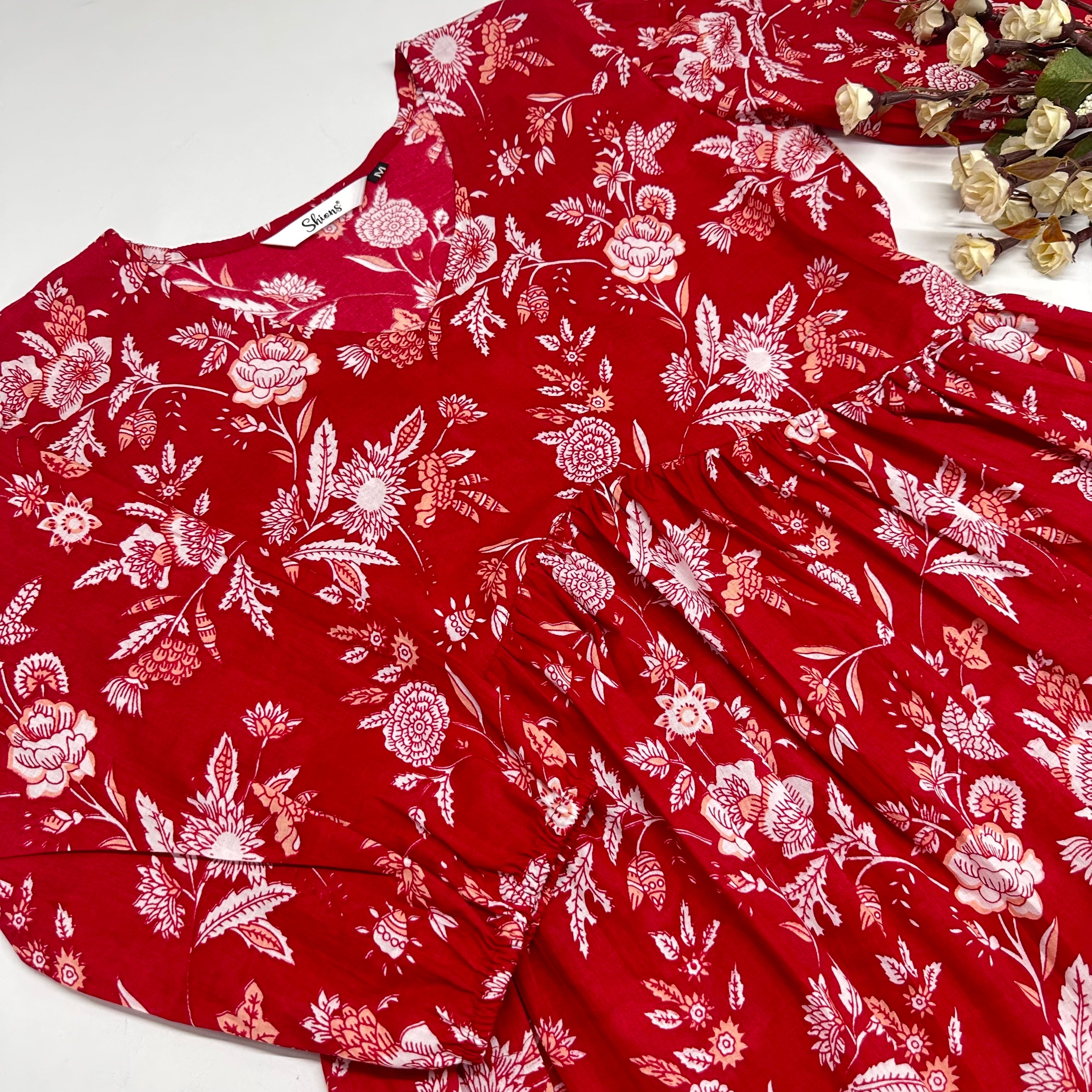 Red Handblock Peplum Top