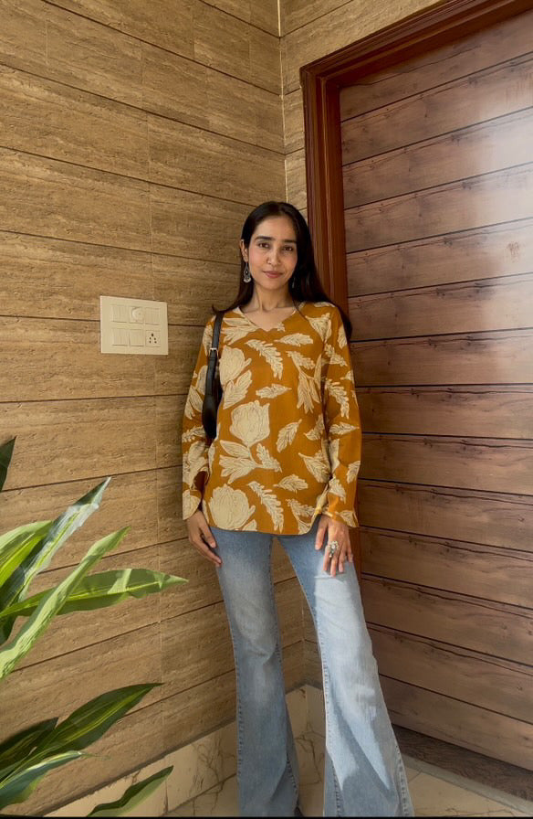 Mustard Big Flower Bell Sleeve Short Kurti