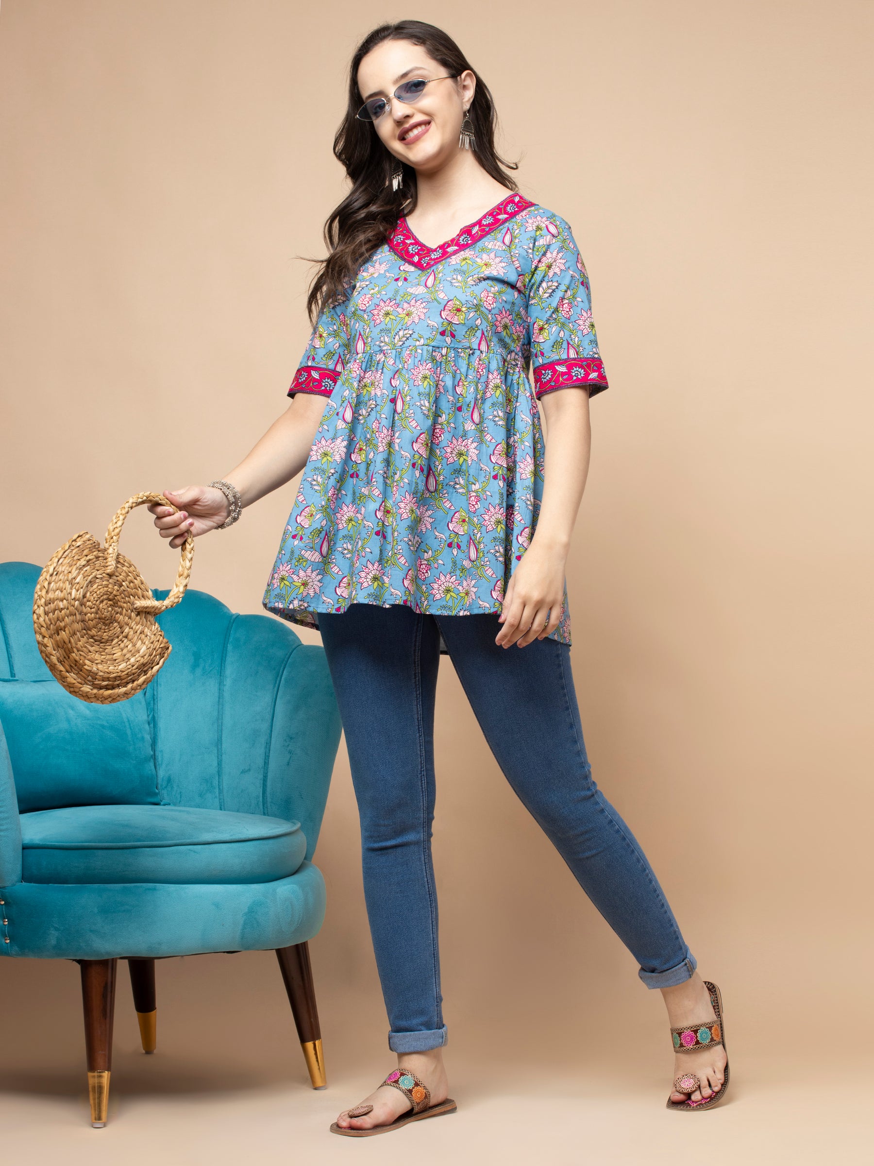 Shions Blue Women Printed Straight Kurta