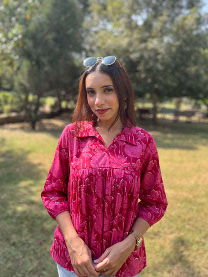 Pink Shirt Collar Peplum Top