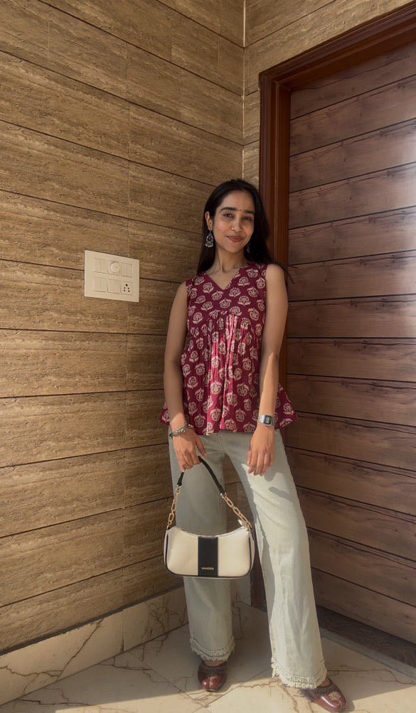 Wine Booti Sleevless Peplum Top