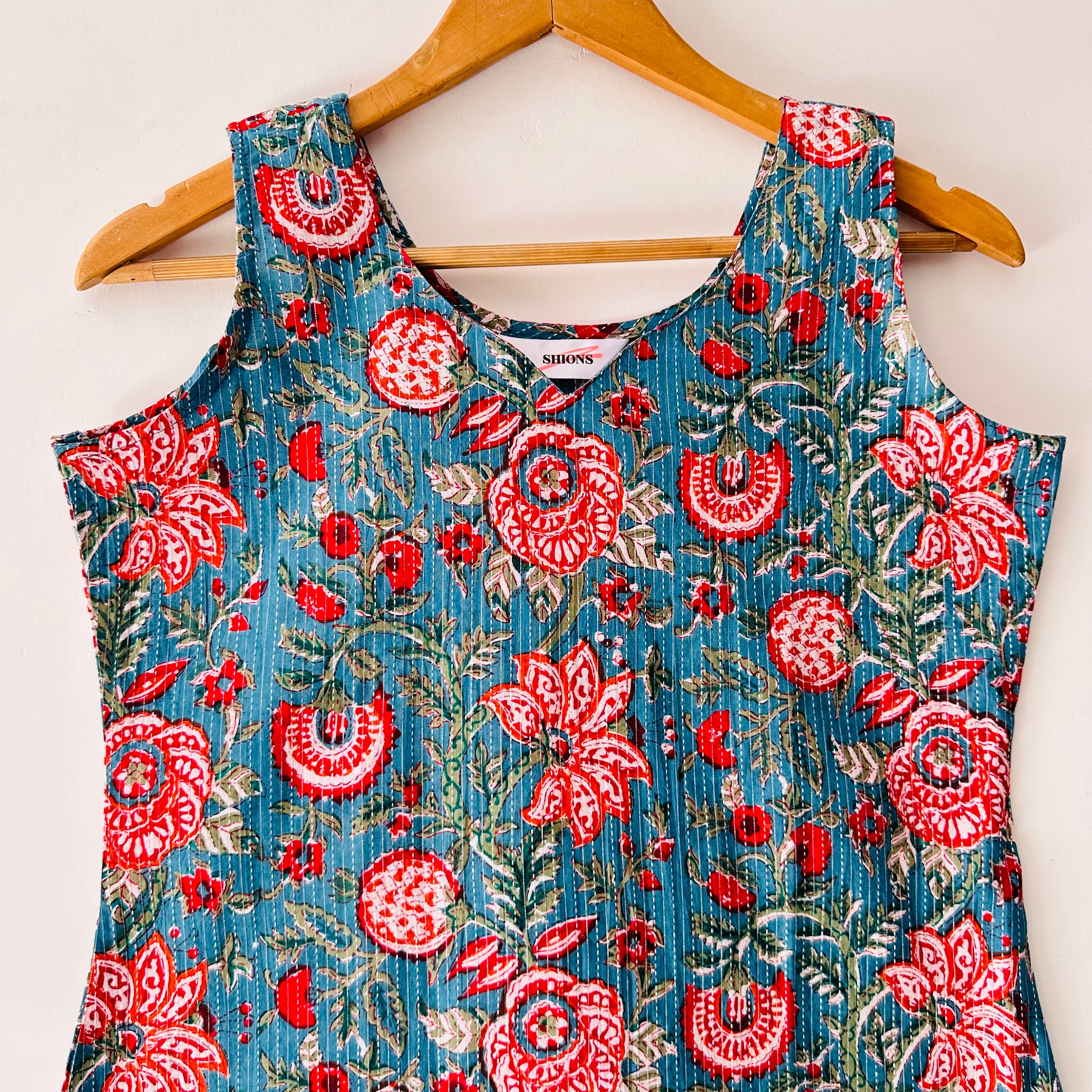 Blue kantha Sleeveless Short Kurti