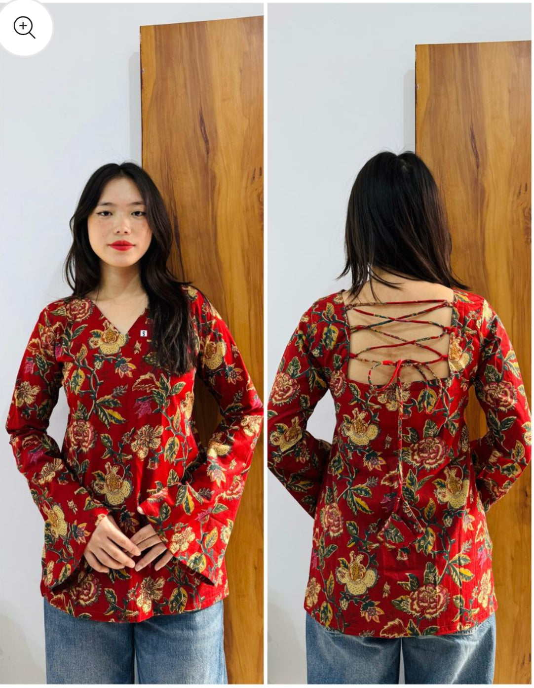 Red floral bell short kurti